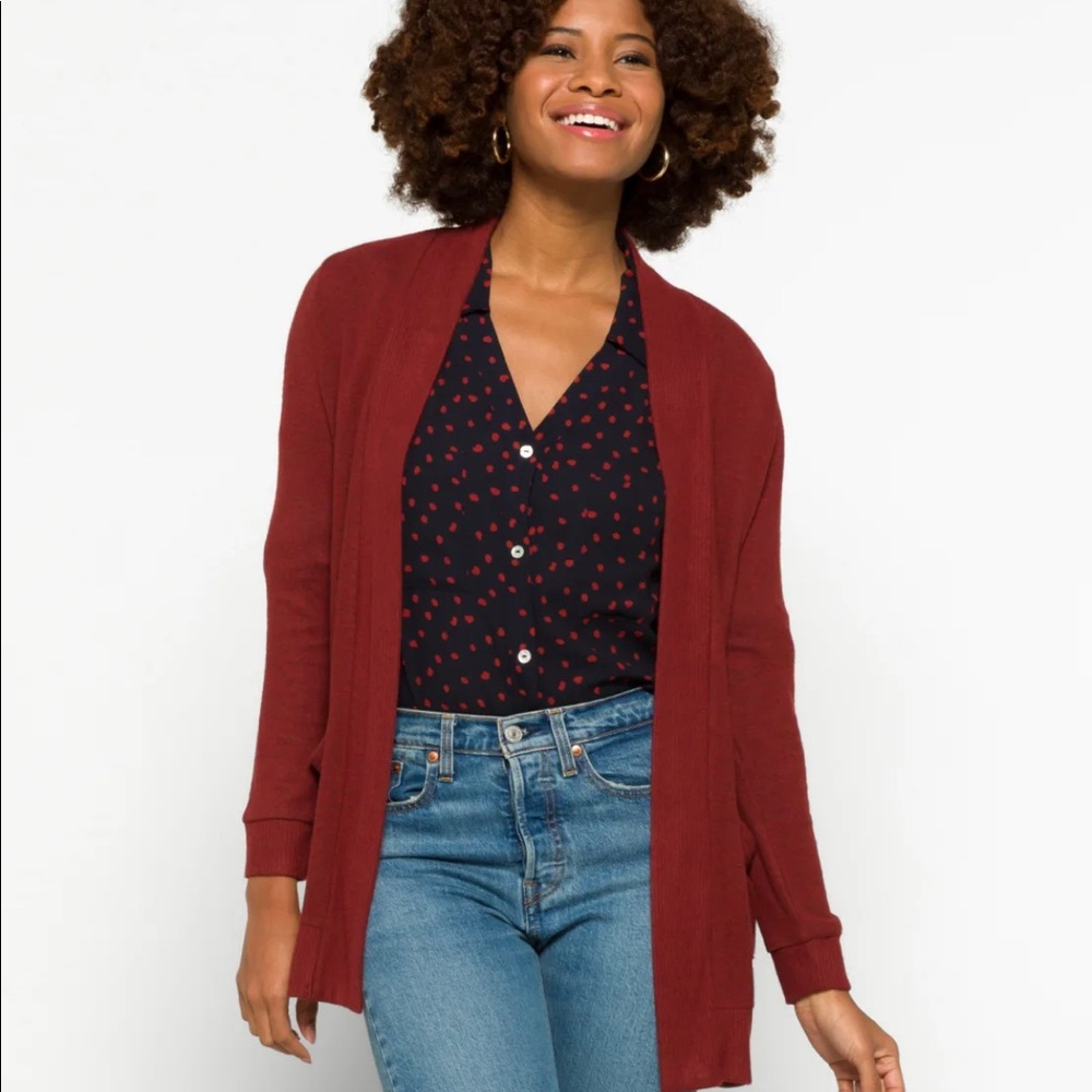 Reddish cardigan. Very light weight and soft.
